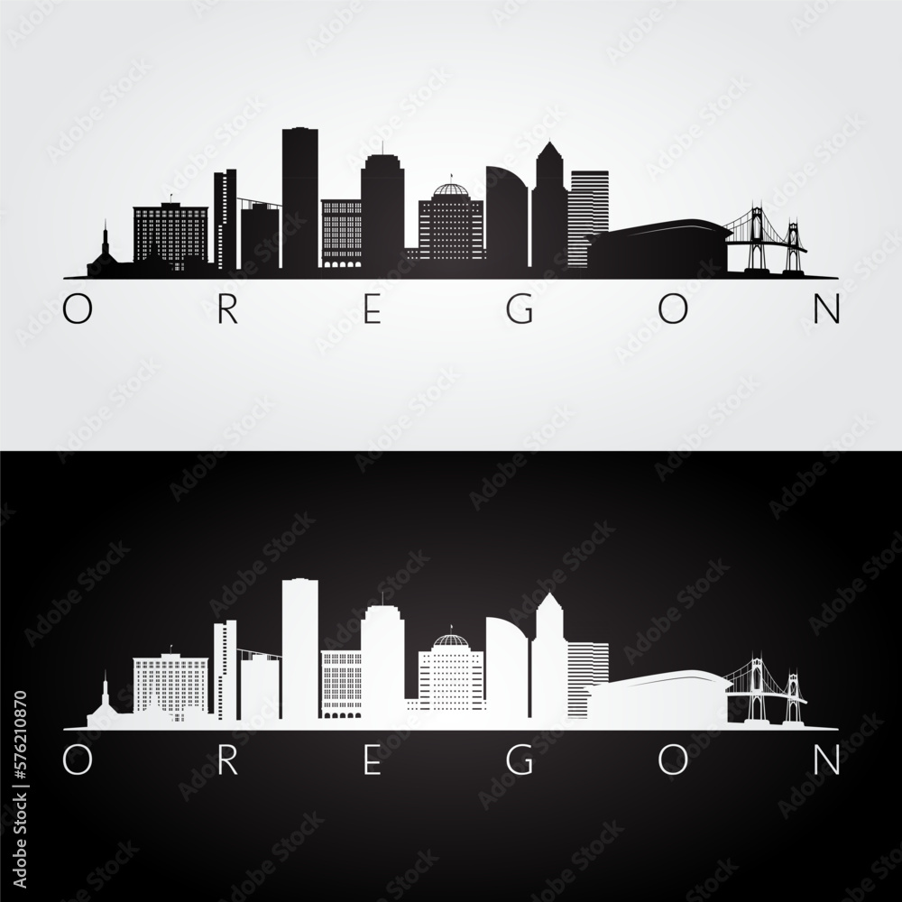 Oregon state skyline and landmarks silhouette, black and white design. Vector illustration.