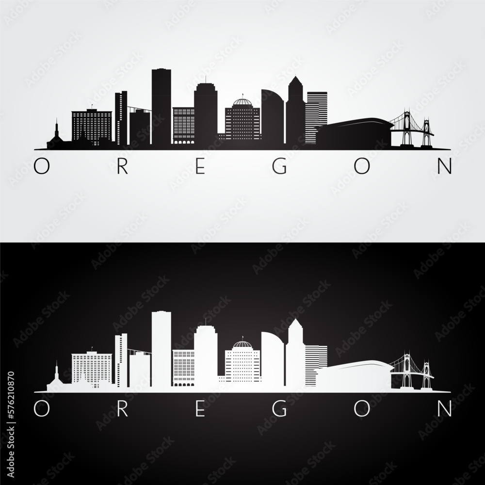 Naklejka premium Oregon state skyline and landmarks silhouette, black and white design. Vector illustration.