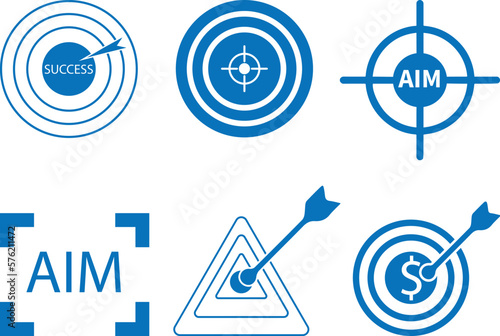 Aim magnificent icon set, cervical target with an arrow icon set blue version