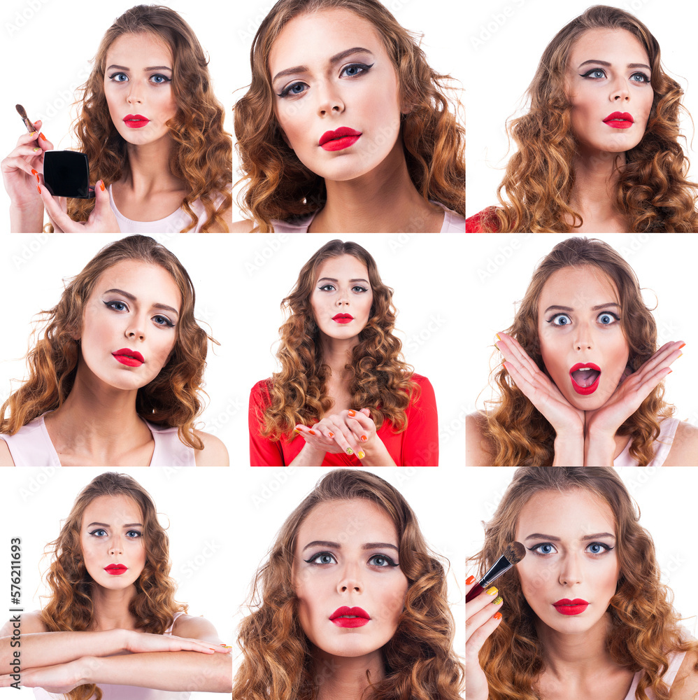 Obraz premium Bright makeup collage. Beautiful young women. Healthy Long Curly Hair