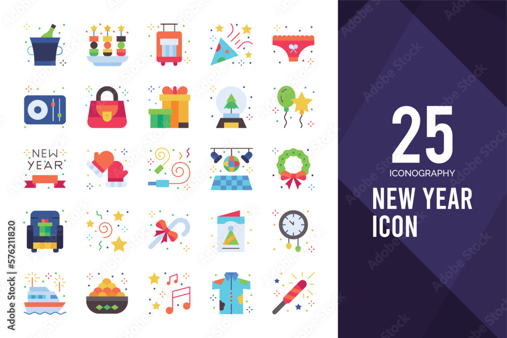 25 New Year Flat icon pack. vector illustration.
