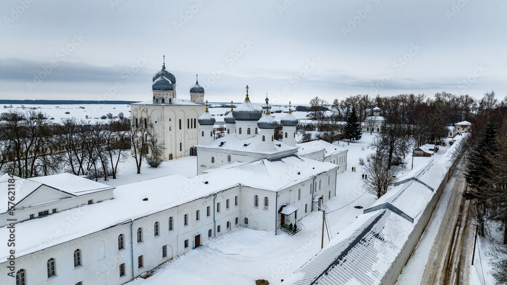 panoramic view from a drone on the ancient monastery of St. Yuriev in Veliky Novgorod on a winter day