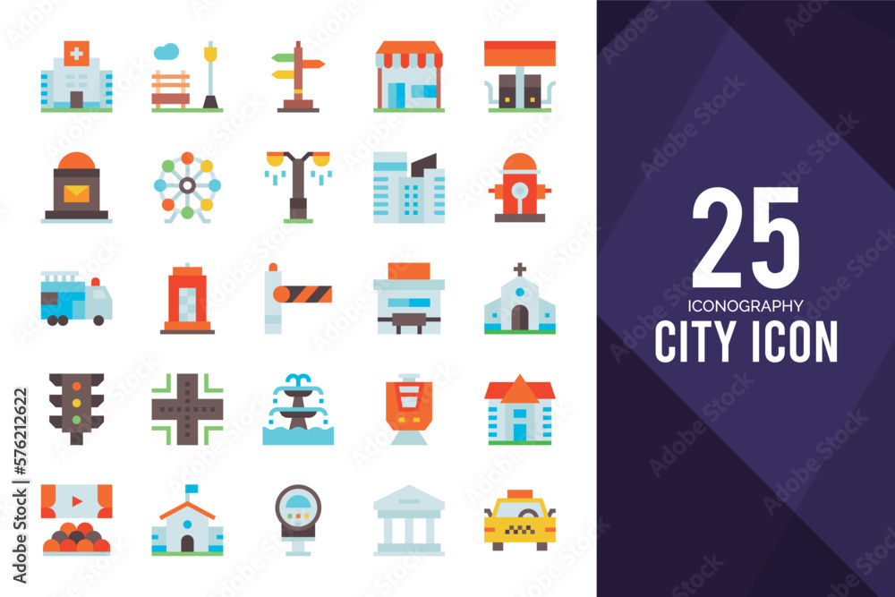 25 City Flat icon pack. vector illustration.