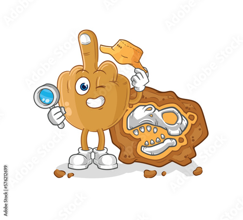 middle finger archaeologists with fossils mascot. cartoon vector