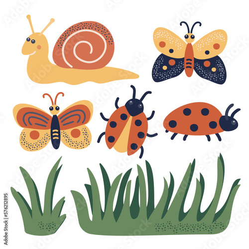 A set of insects and herbs in cartoon style. Animals - butterfly, snail, ladybug. Grass. Isolated on a white background. © PorEka