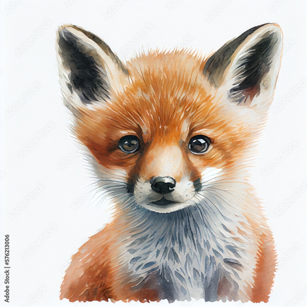 Portrait of a cute baby fox, watercolor illustration