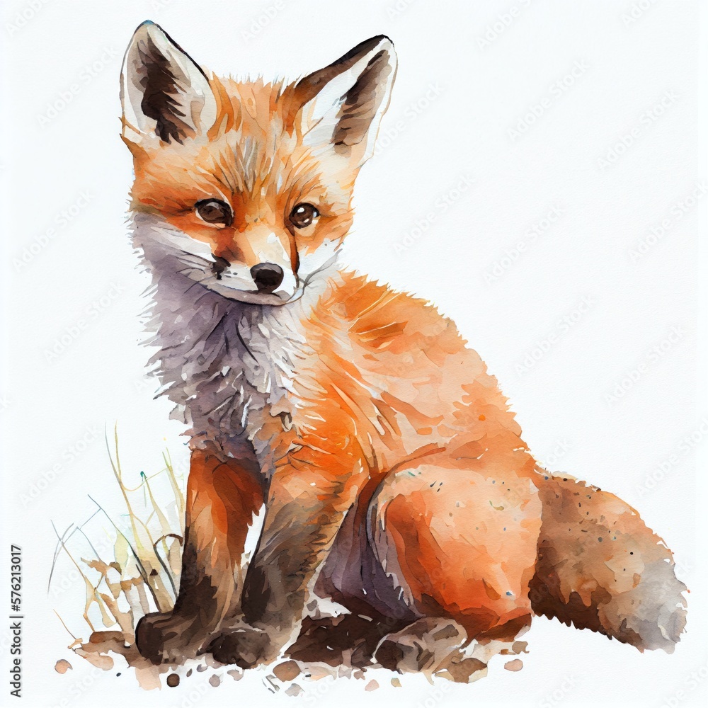 Fototapeta premium Portrait of a cute baby fox, watercolor illustration