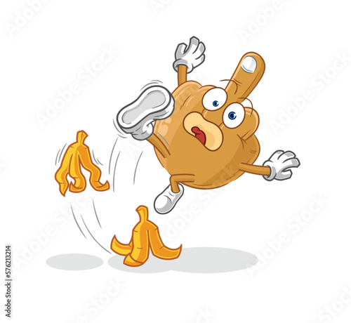middle finger slipped on banana. cartoon mascot vector