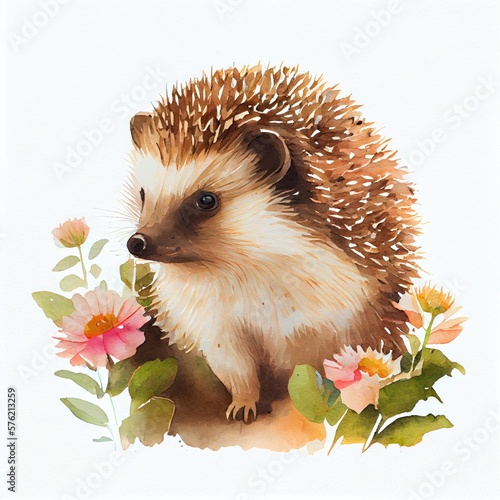 Portrait of a cute baby hedgehog, watercolor illustration