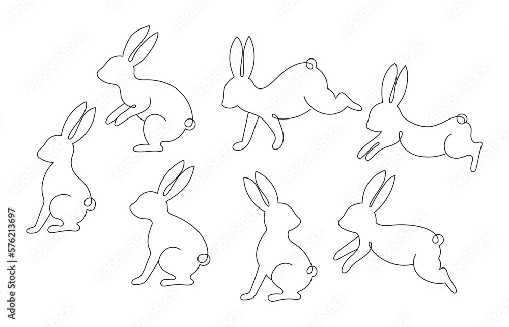 Simple Bunny Drawing Vector Illustration, Single Line Bunnies set, RabbitOutline Illustration