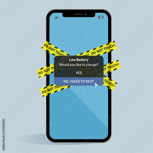 vector low battery concept illustration, do not touch line, low battery notice, social medial detox, flat design digital detox, design no more photo
