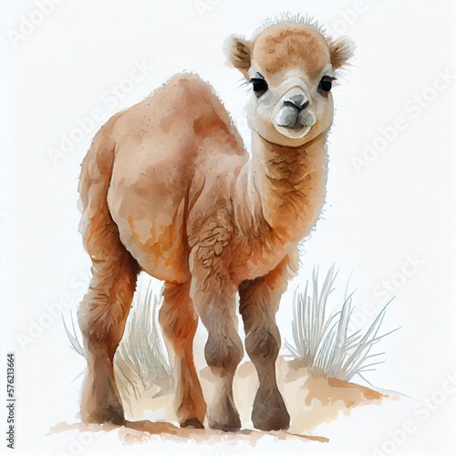 Portrait of a cute baby camel, watercolor illustration