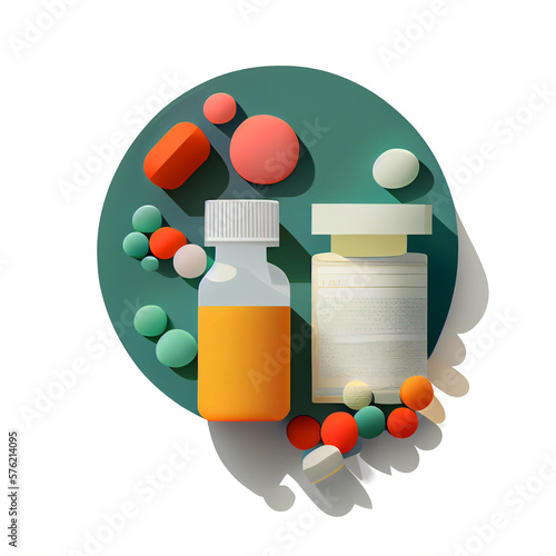 Pills prescriptions Rx in simple graphic style, clean cartoon circle graphic, medicine medical health care, drugs, over-the-counter prescribed pill bottle and doctor's script (generative AI, AI) photo