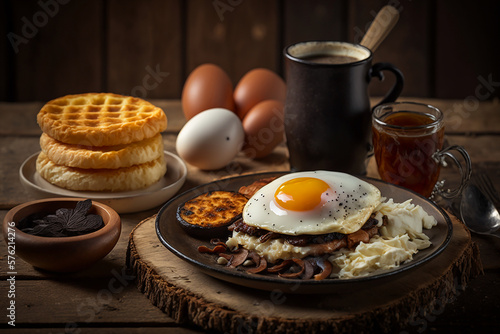 fried eggs and bacon and hash browns and black pudding and mushrooms and toast. Generative AI	