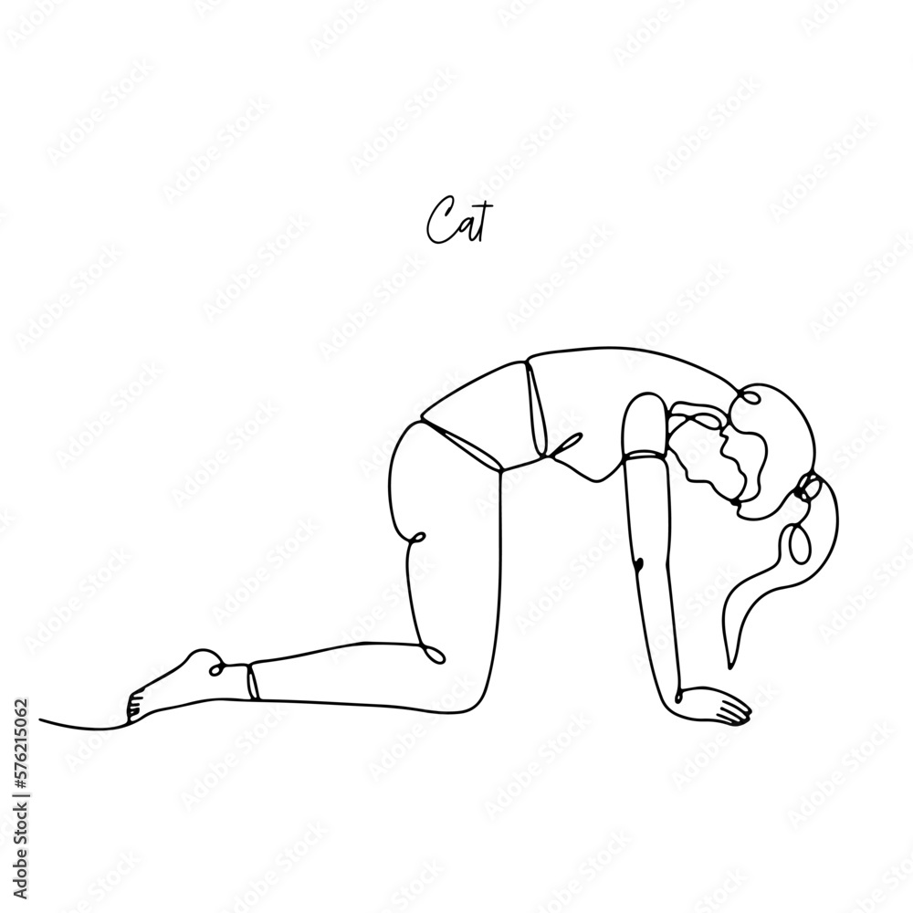 Single line drawing of a girl in cat yoga pose with name text. Linear ...