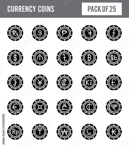 25 Currency Coins Glyph icon pack. vector illustration.