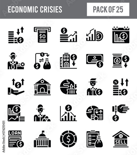 25 Economic Crisies Glyph icon pack. vector illustration.