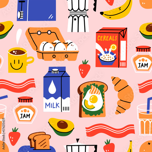 Seamless pattern with breakfast items. 