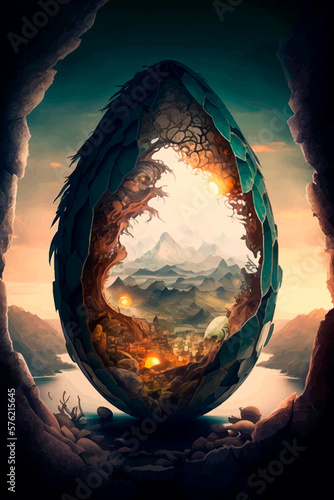 Dragon egg with a fantasy landscape. Mountains. Vector 3d illustration
