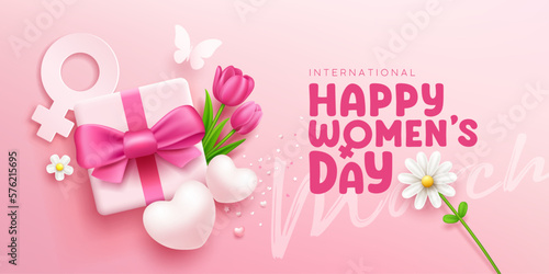 Fotografia Happy women's day gift box pink bows ribbon with tulip flowers and butterfly, heart, white flower, banner concept design on pink background, EPS10 Vector illustration