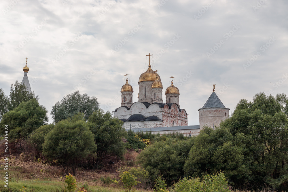 View of cathedral of the Nativity of the Virgin in Luzhetsky Ferapontov Monastery in Mozhaysk. Russia.