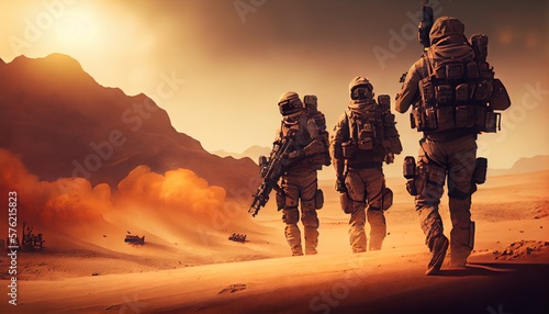 Group of soldiers walking on the road in the desert. Generative AI