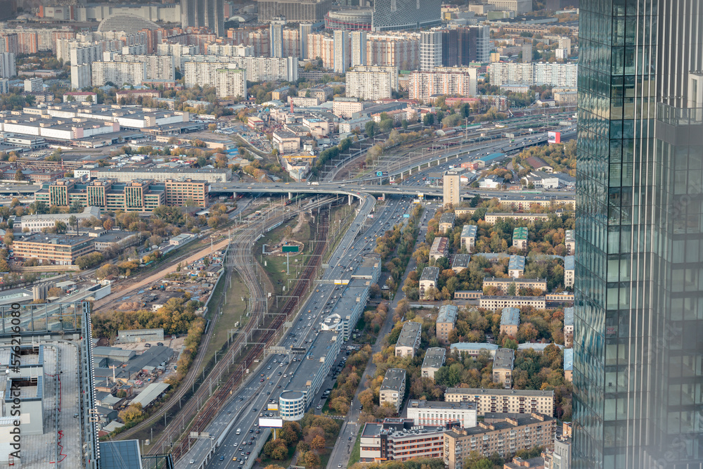 Aerial view of roads in Moscow from the high skyscraper of Moscow City.