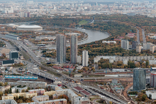 Aerial view of Moscow with Luzhniki Stadium and Moscow river from the high skyscraper of Moscow City.