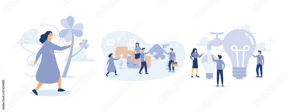 Fototapeta premium Luck for success, lucky clover leaf. Employee engagement, Sharing idea learning new skills concept, set flat vector modern illustration