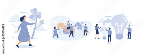 Luck for success, lucky clover leaf. Employee engagement, Sharing idea learning new skills concept, set flat vector modern illustration