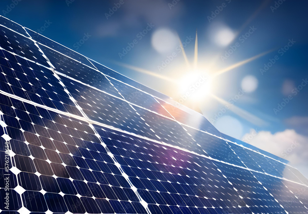 Solar panel on blue sky background with sun, alternative energy concept ...