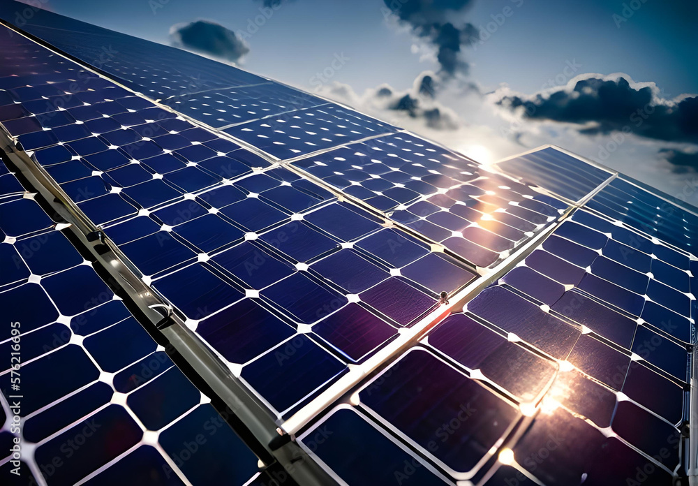 Solar panel on blue sky background with sun, alternative energy concept ...