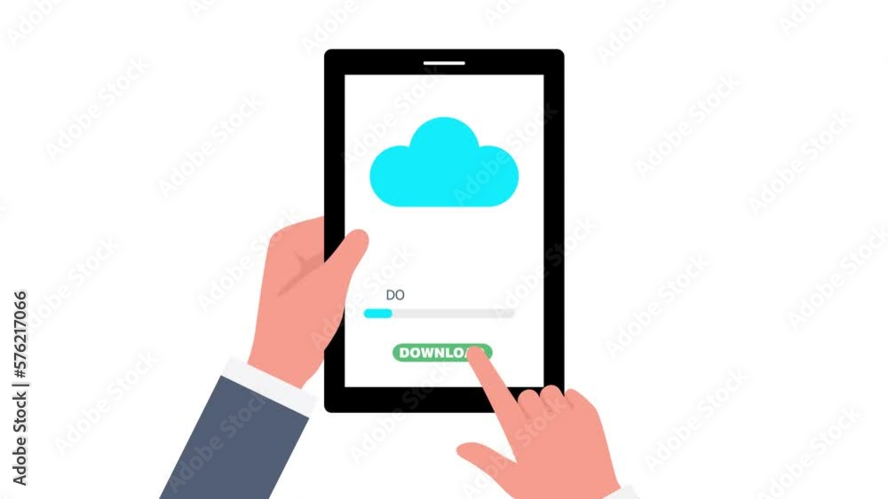 downloading files from cloud storage remote server with tablet in hands animation downloading files from cloud storage remote server with tablet in hands animation