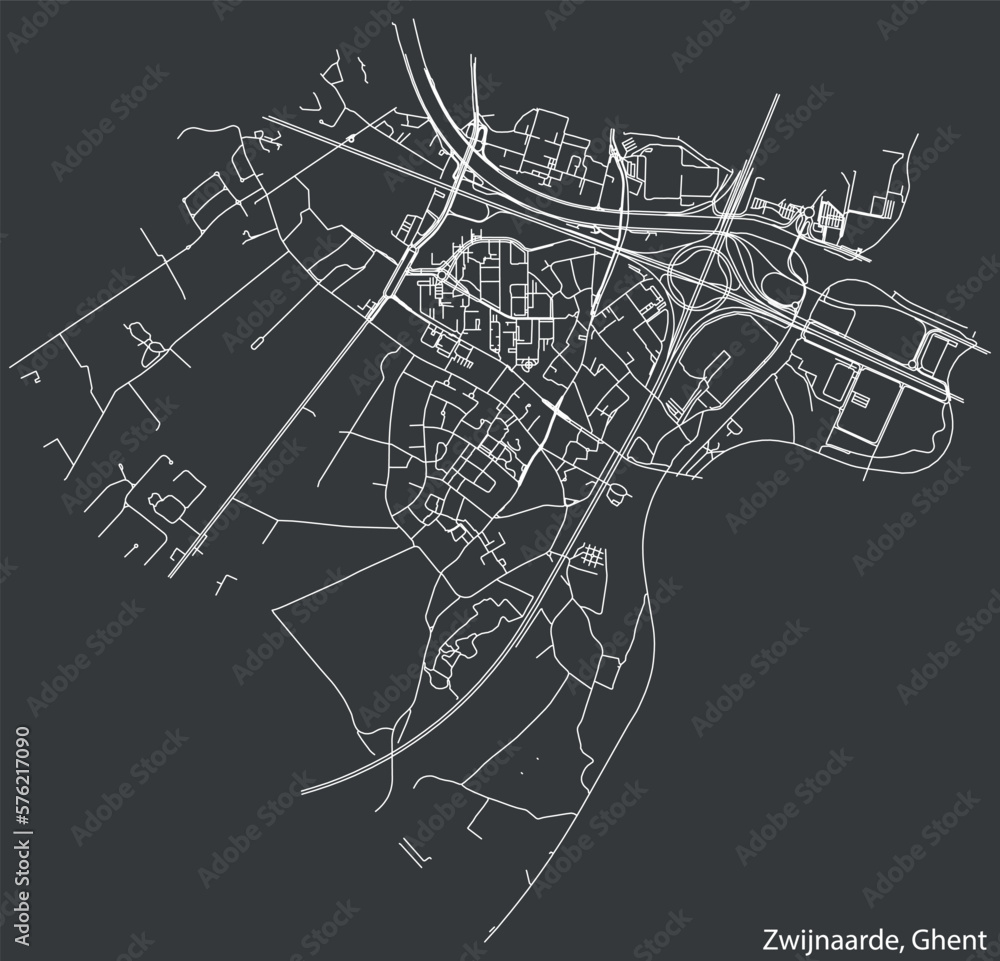Detailed hand-drawn navigational urban street roads map of the ZWIJNAARDE MUNICIPALITY of the Belgian city of GHENT, Belgium with vivid road lines and name tag on solid background