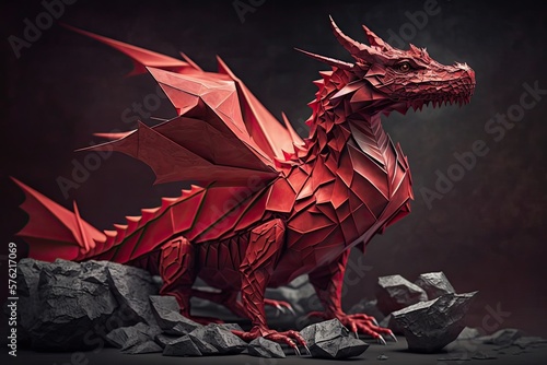 The magic of the red paper origami dragon, generative ai photo
