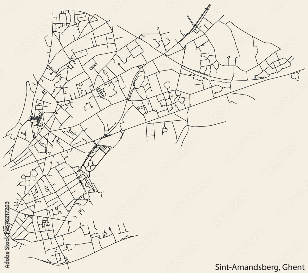Detailed hand-drawn navigational urban street roads map of the SINT-AMANDSBERG MUNICIPALITY of the Belgian city of GHENT, Belgium with vivid road lines and name tag on solid background