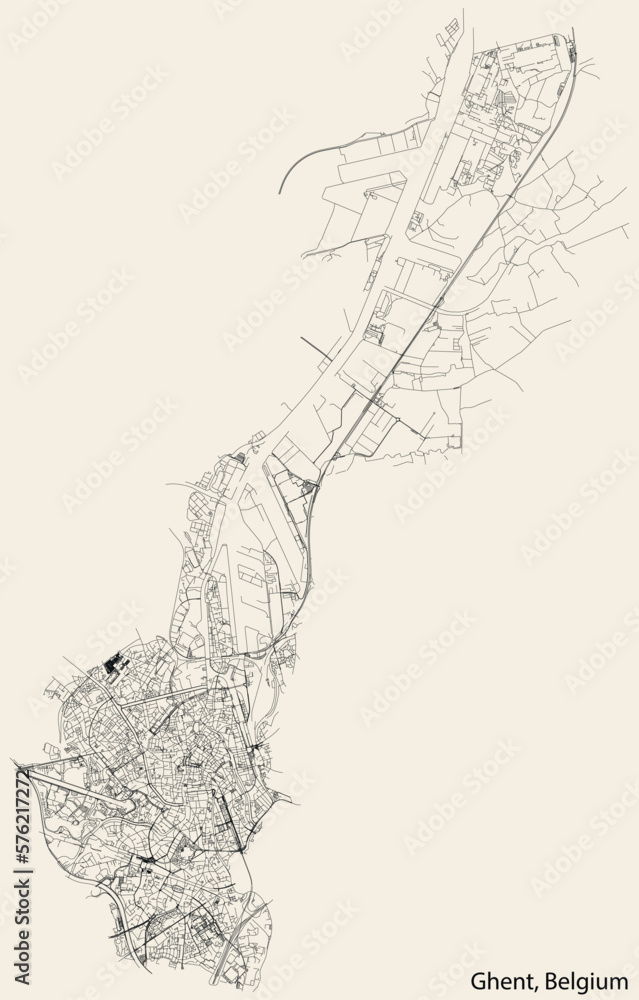 Fototapeta premium Detailed hand-drawn navigational urban street roads map of the GHENT MUNICIPALITY of the Belgian city of GHENT, Belgium with vivid road lines and name tag on solid background