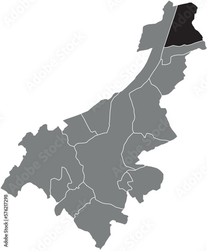 Black flat blank highlighted location map of the SINT-KRUIS-WINKEL MUNICIPALITY inside gray administrative map of GHENT, Belgium