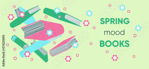 Spring banner for bookstore with books and flowers
