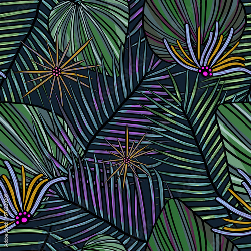 Tropical exotic leaves and flower vector seamless pattern. Jungle foliage illustration. Botanical illustration on dark background.