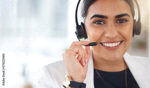 Woman, call center and portrait smile with headset mic for consulting in telemarketing, customer service or support. Happy female consultant or agent face smiling in contact us or advice on mockup