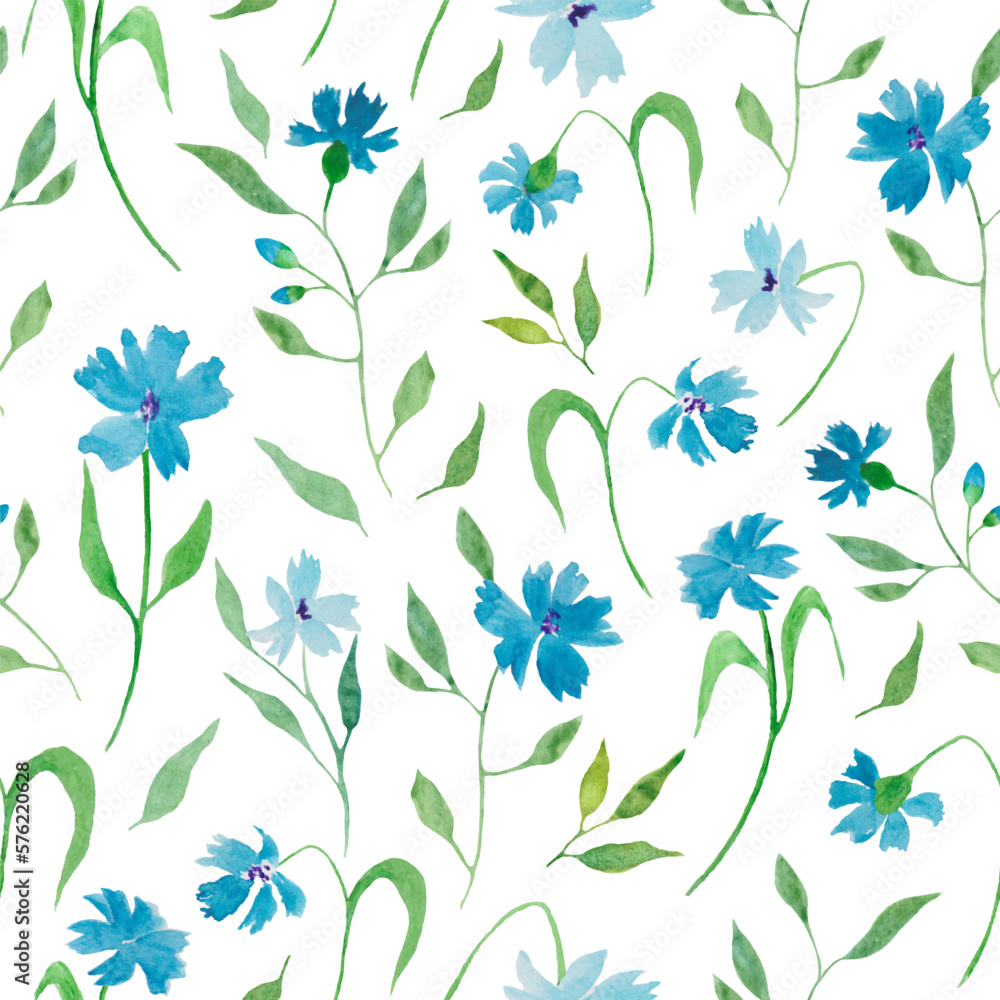 Watercolor floral seamless pattern with painted blue flowers, cornflowers. Hand drawing  illustration isolated on white background. Vector EPS.