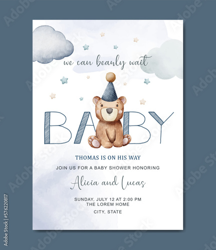 cute baby shower watercolor invitation card for baby and kids new born celebration © Yuni