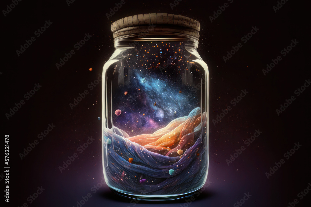 illustration of an universe in a jar, galaxy locked in a glass jar illustration of an universe in a jar, galaxy locked in a glass jar