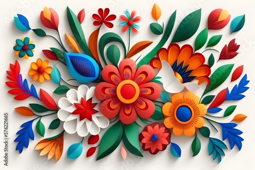 3D flower pattern of traditional brazilian vibrant color design on white background, Generative AI