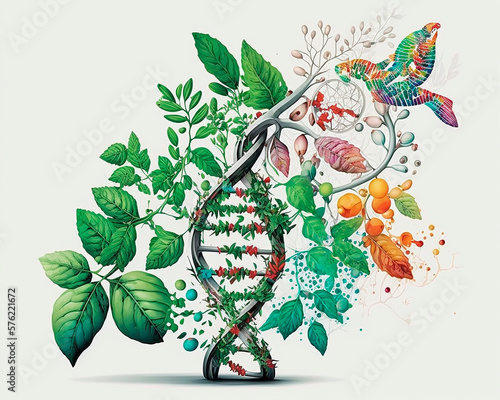 generative ai illustration of modern Biology laboratory nature and science, DNA, gene therapy, and plants with biochemistry structures on white backgrounds