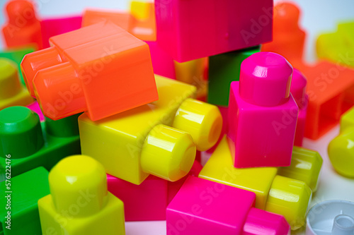 blocks sets, toys for children, are made from plastic in a variety of colors to practice developmental skills.