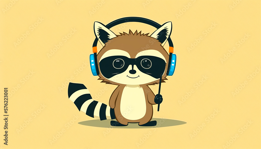 Raccoon in headphones listening to music, generative AI.