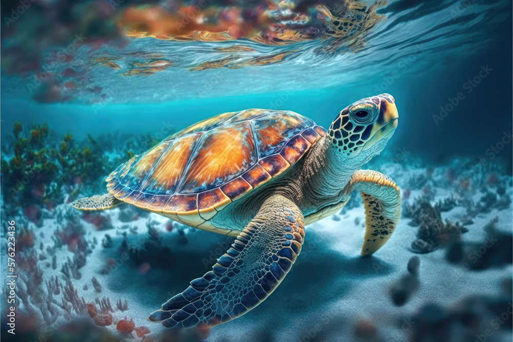 Obraz premium Tropical Serenity: A Sea Turtle in Paradise. Generative Ai