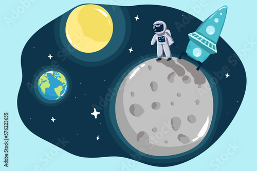 view from surface of the Moon to Earth.Hand drawn vector illustration